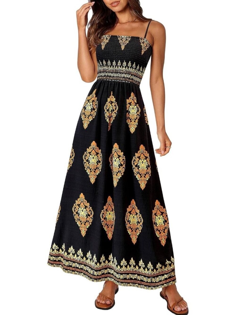 Women's Black Floral Summer Spaghetti Strap Flowy Beach Vacation Maxi Dress